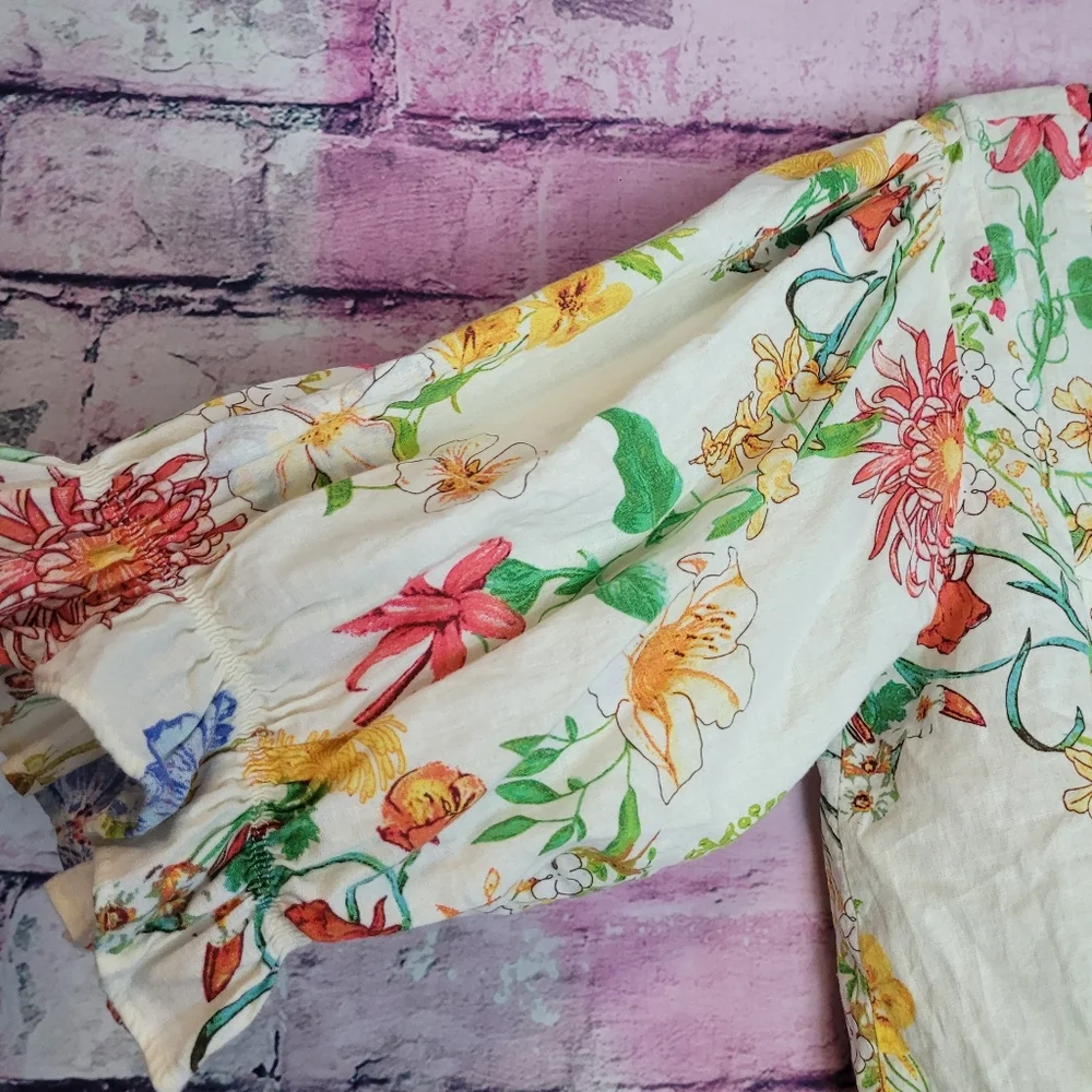 LAURA ASHELY LINEN BLEND BUTTON FRONT FLORAL PRINTED PUFF SLEEVE BOHO BLOUSE L - Picture 5 of 12